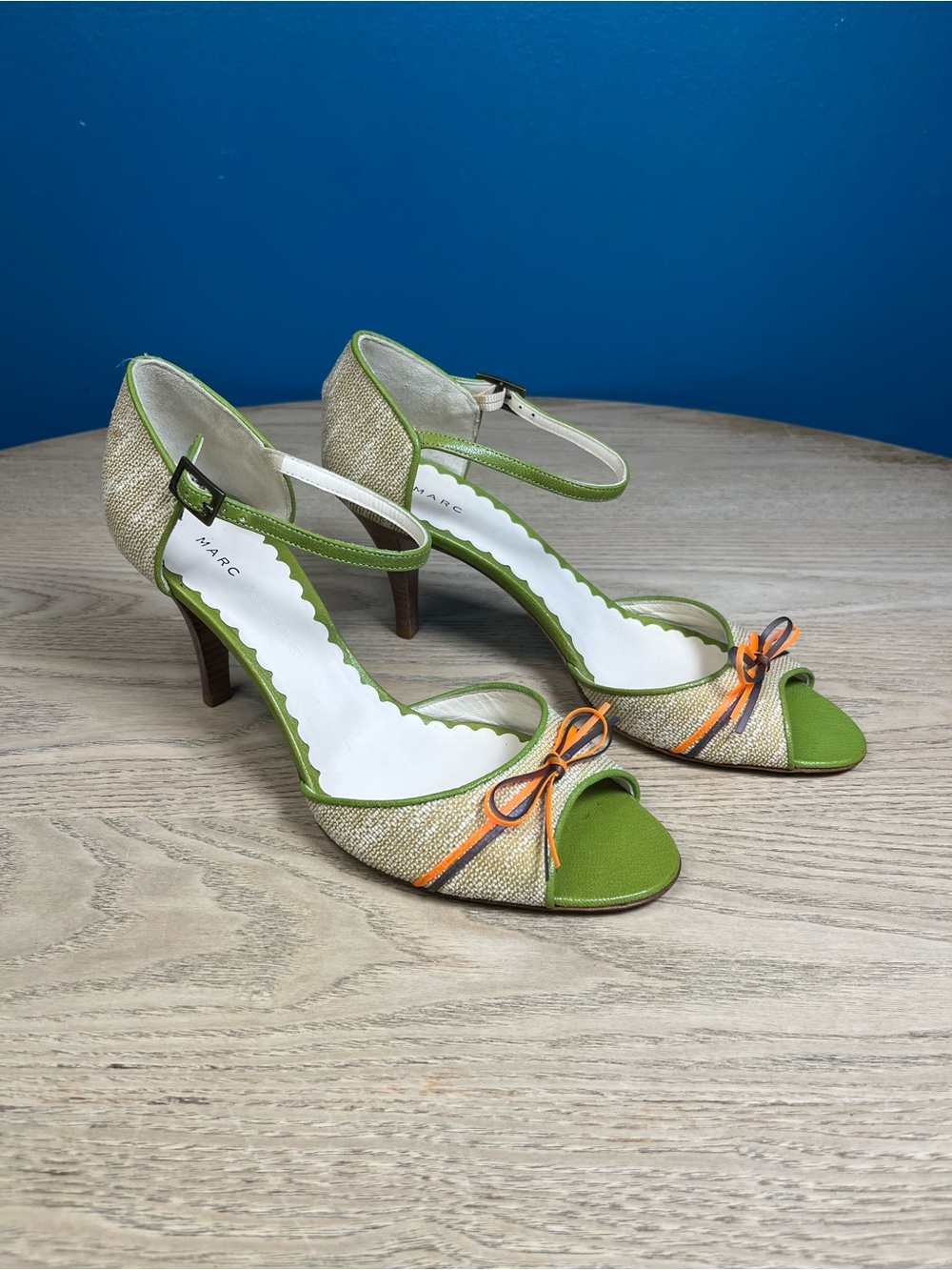 Marc Jacobs Y2K Open Toe Ankle Strap Pump Heel Woven Green Made in Italy Size 8